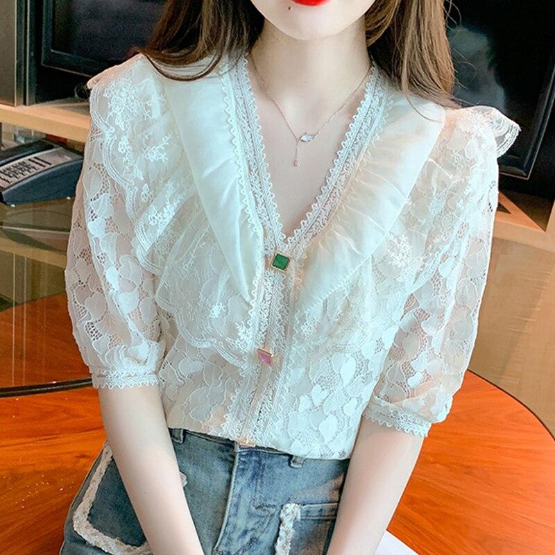Summer Elegant Lace Chiffon Blouse And Shirt For Women 2026 Casual Ruffle Short Sleeve Top Sweet Ladies Loose Button Shirt 27045