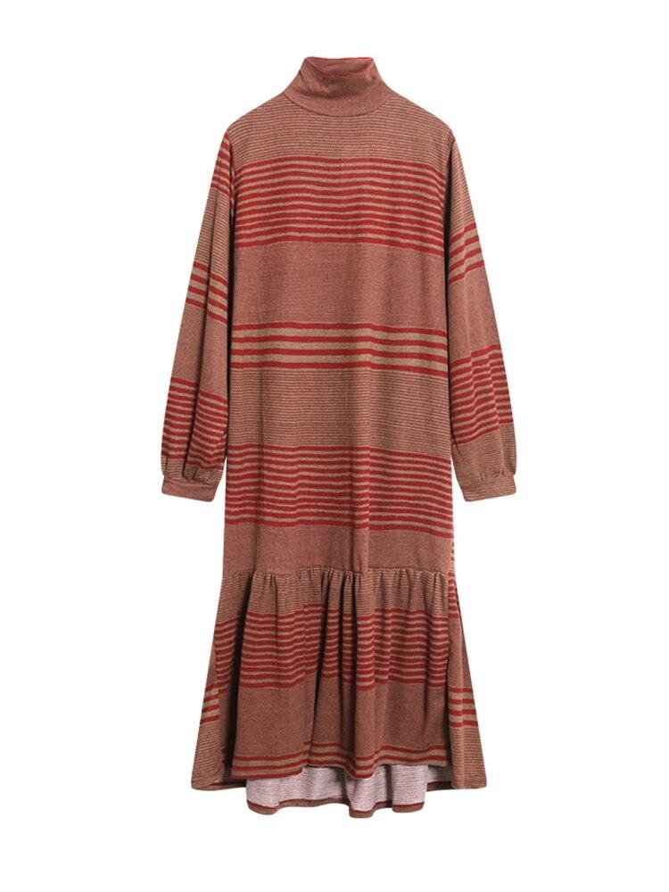 Xitao Pleated Knitted Dress Women Fashion Turtleneck Striped Casual Dress ZLL1516