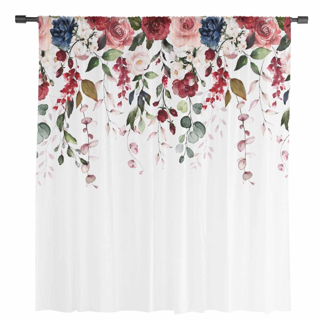 Valentine'S Day Pink Rose Flower Plant Sheer Curtains for Living Room Decoration Window Curtains Kitchen Tulle Voile Curtains