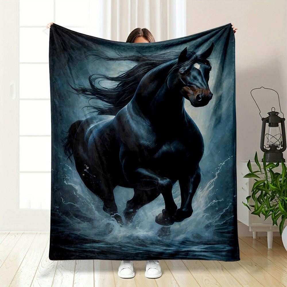 Zwart Paard Waterloop Print Deken slaapkamer Deken voor Woonkamer Bank lunchpauze Zachte plaid voor Vrienden festival Cadeau
