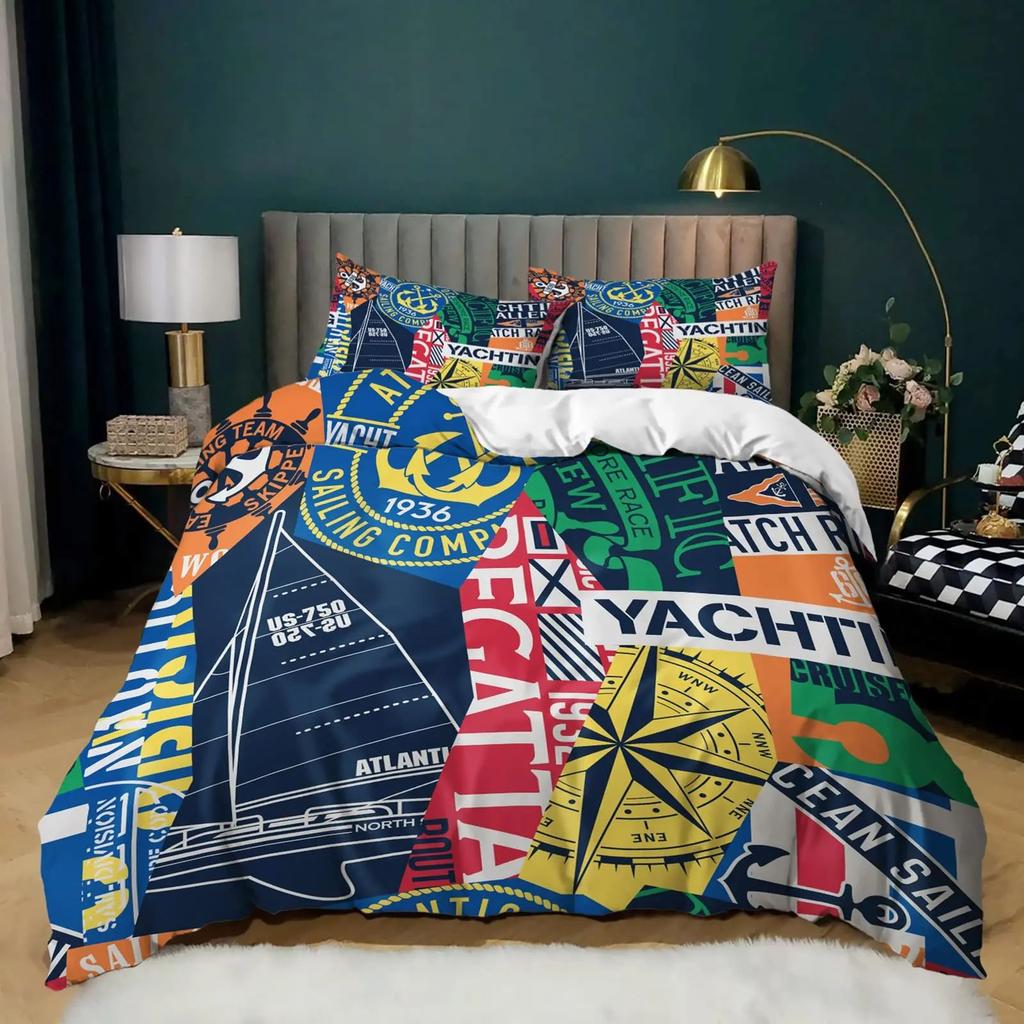 Nautical Theme Bedroom Quilt Cover Set Ocean World Printed Bedding Three-Piece Quilt Cover