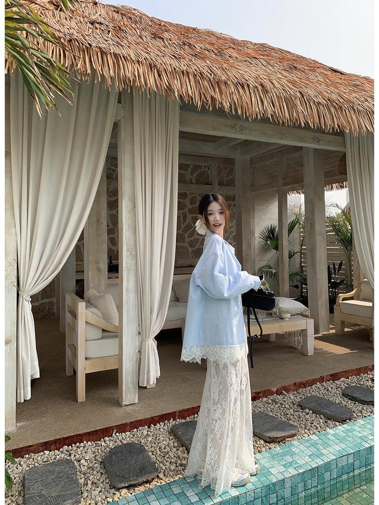Women's Blue Spliced Lace Shirt Jacket - 2025 Korean Design, Loose Fit, Sun Protection for Summer