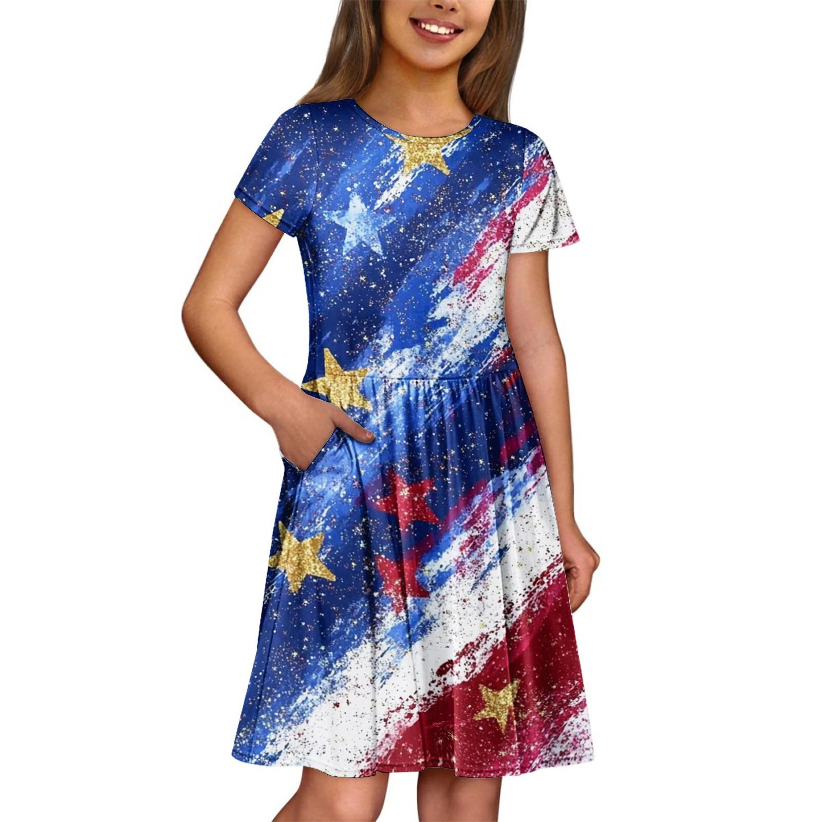 

Летнее платье для девочек, однотонное платье без рукавов с принтом и карманом, повседневное платье, вечернее платье с короткими рукавами 110