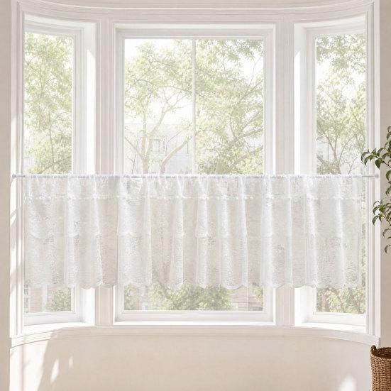 White Lace Window Valance, Sheer Vintage Floral Lace Short Curtain, Light Filtering Valance Curtain with Rod Pocket for Basement Kitchen Window