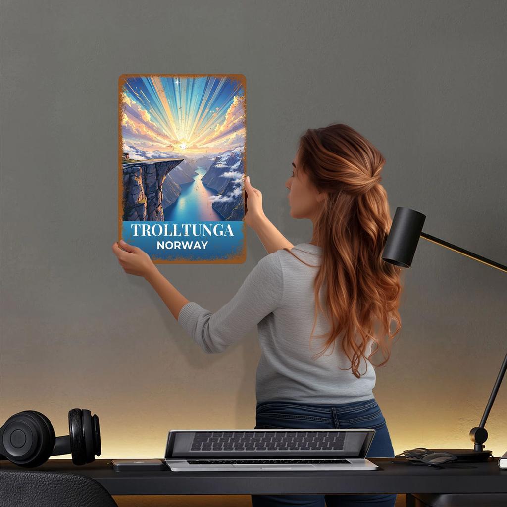 Gelassenes Trolltunga Norwegen Sonnenaufgang Metallschilder Transportposter Wohnzimmerdekorationen Heimdekoartikel Gartendekoration