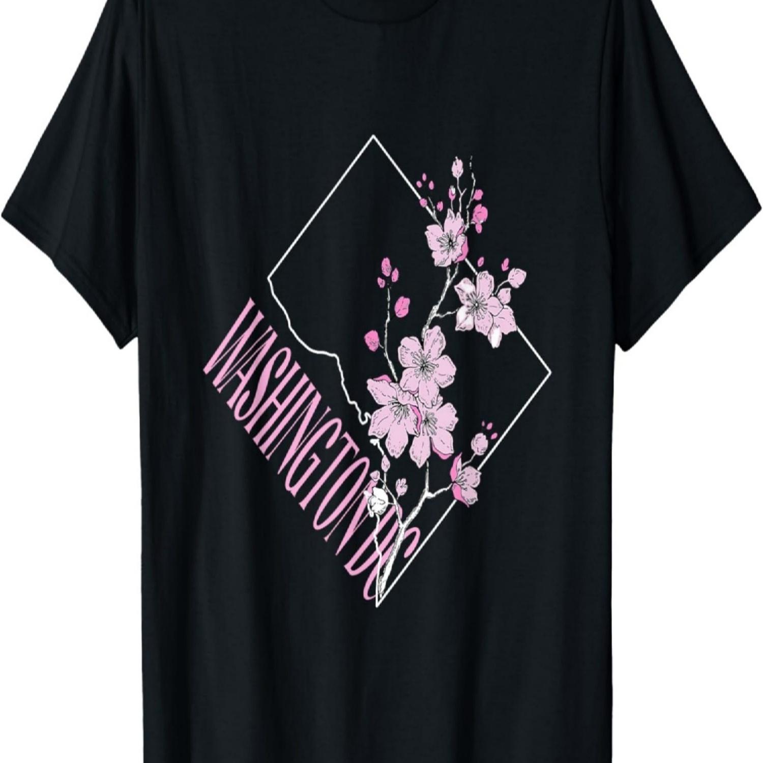 Vintage Washington Map With Pink Cherry Blossom T-Shirt S