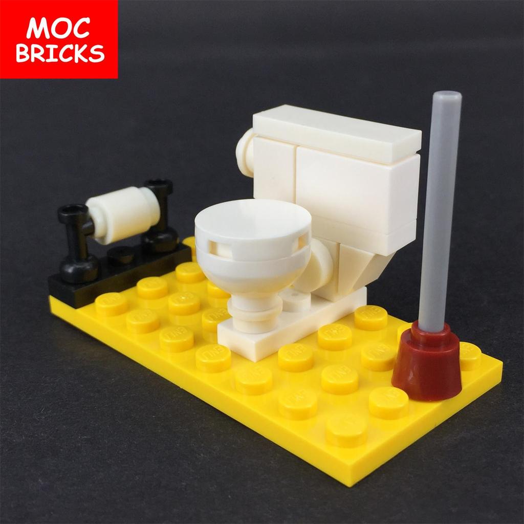 MOC Bricks Toilet WC with Loo Roll and Plunger Bog Brush Toys Figures Educational Building Blocks