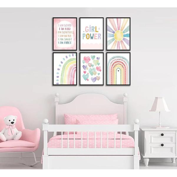6Pcs Pink Boho Sun Rainbow Wall Art Colorful Heart Pattern Poster Prints Girl Power Canvas Pictures for Toddler Nursery Girl Kids Room
