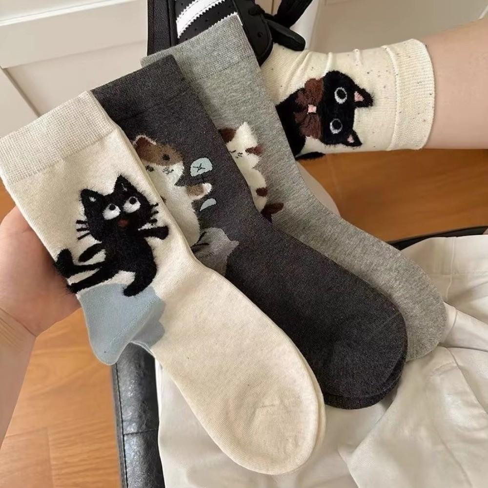 1/4Pairs Casual Women's Socks Cute Cartoon Cat Floor Socks Trendy Loose Socks Autumn Winter