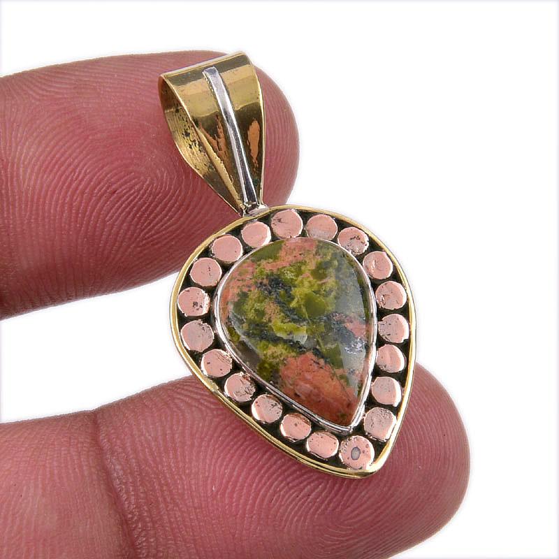 

Natural Unakite Gemstone 925 Solid Sterling Silver Two Tone Pendant 1.25 O1E33