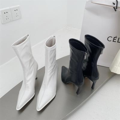 Patent Leather Short Boots Women's High Heel Thin Heel Pointed Side Zipper Versatile Autumn and Winter White Thin Boots