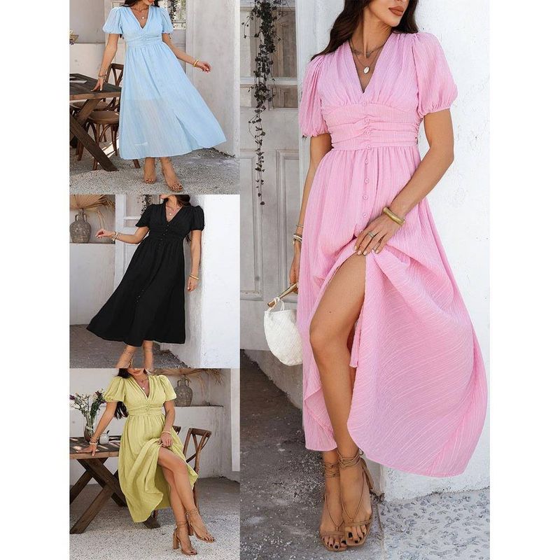 

2025 Spring and Summer Amazon Fashion Leisure Commute Vacation Style V-neck High Waist Short Sleeve Split Dress Women Sky Blue S