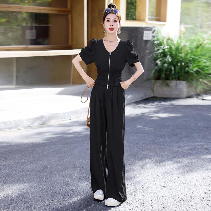 Summer 2024 Women's Two-Piece Suit: Chic Casual Tops & Wide-Leg Pants