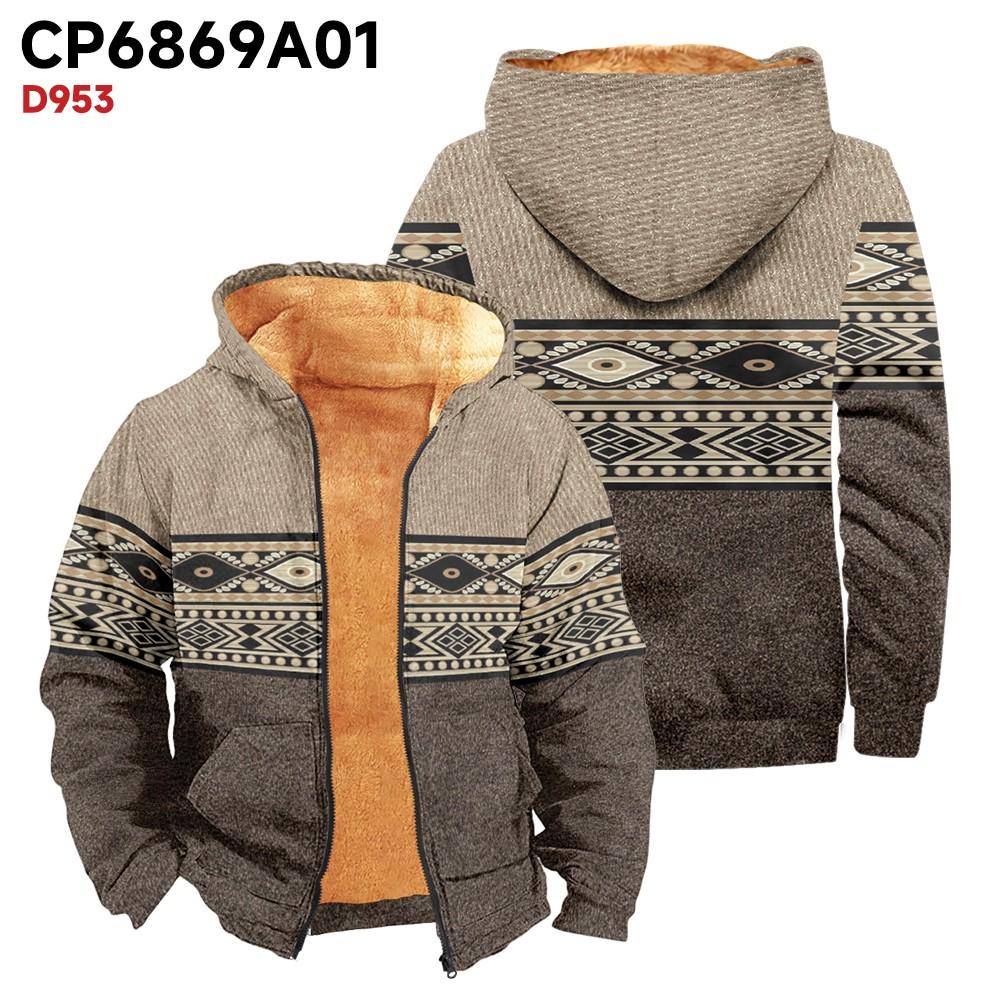 Men's Print Long Sleeve Pocket Coat Fashion Plus Velvet Overcoat