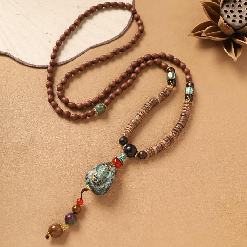 Nepalesiskt halsband retro litterärt träpärlat långt exotiskt tröjkedja damaccessoarer