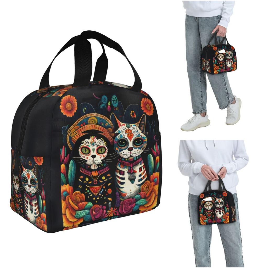 Day Of The Dead Kitten Cat Sugar Skull Dia De Los Muertos Insulated Lunch Bag Women Children Food Boxes Thermal Lunch Box Tote