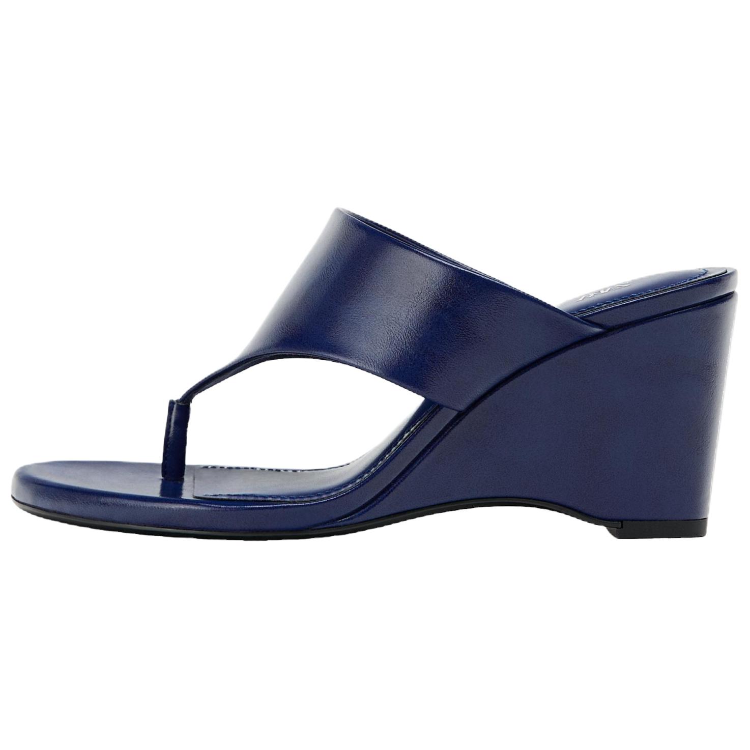 ZARA Fashionable Leather Wedge Mid-Heel Round-Toe Flip-Flop Women Footwear Blue 11328510420 35