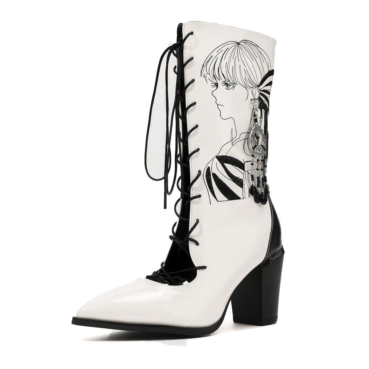 

Модные красивые вышитые сапоги для женских ретро европейских американских полых толстых каблуков средней длины голенища женские сапоги Botas Mujer 35 белый