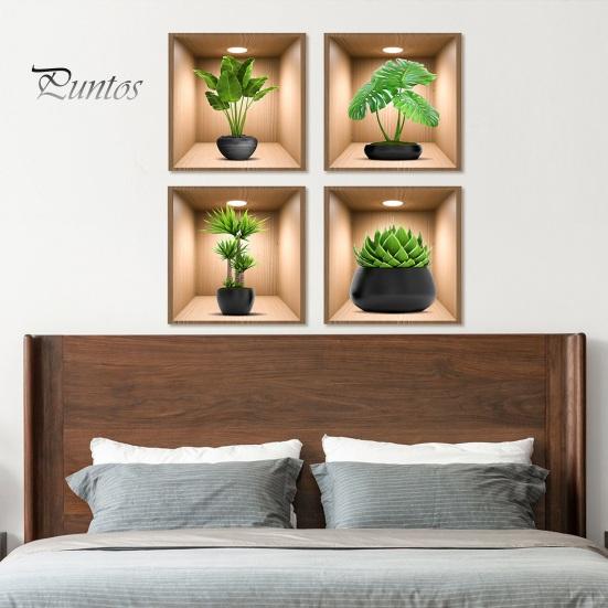4Pcs/Set Potted Plants Wall Sticker 3D Effect Self-adhesive Waterproof PVC Removable Living Room Bedroom Modern Wall Art Green Plant Decoration Decal