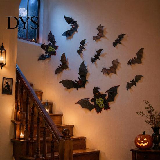 Seasonal Room Decor 12Pcs Halloween 3D Bat Witch Face Wall Stickers, Waterproof Self-Adhesive Window Clings Decals for Indoor Outdoor Door Party