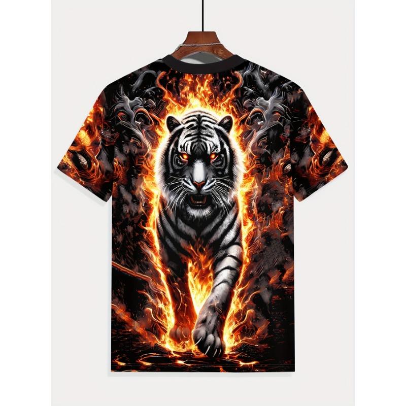 Men's Fire Tiger 3D Printed T-Shirt Casual Short Sleeve Crewneck Top Cool Flame White Tiger Graphic Tee Hip Hop Style Dark Streetwear Fashion Apparel