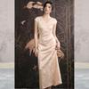 JK&JS New Chinese Style Jacquard V-neck Long Dress
