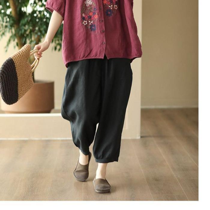 Pantaloni a Nove Punti Retro a Gamba Larga in Cotone e Lino con Vita Elasticizzata per Taglie Forti