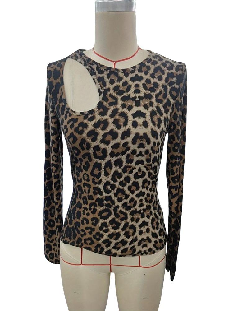 Women Leopard Hollowed Round Neck Tight Long Sleeve T-shirt Top Women Versatile Closet Essential Fashion Items Shirt