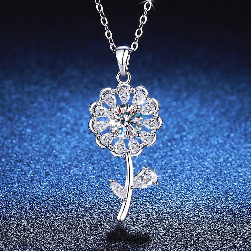 GRA Certified S925 Sterling Silver Necklace Pendant Sweater Chain with Sunflower Pendant and 1CT Moissanite Necklace for Women.