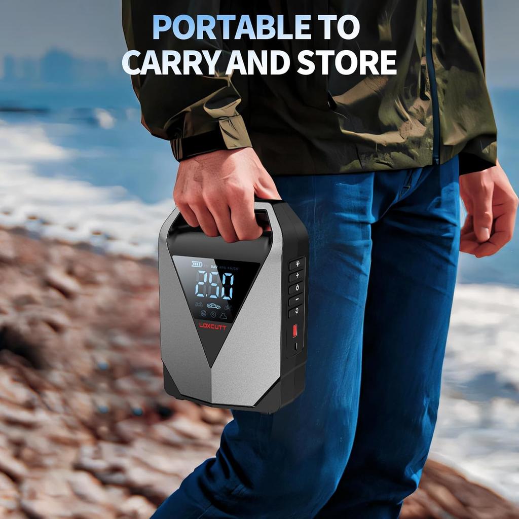 Car Jump Starter 1800A, 12000mAh with Air Compressor, 150PSI Auto Shut-Off, LCD Display, LED Light, QC3.0