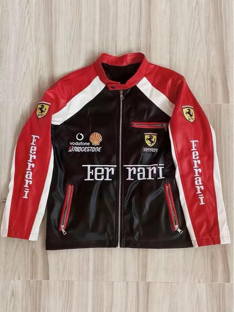 F1 Rennanzug Bestickte Lederjacke - Harley Retro Motorradstil, Baumwoll-Fahranzug, PU-Jacke