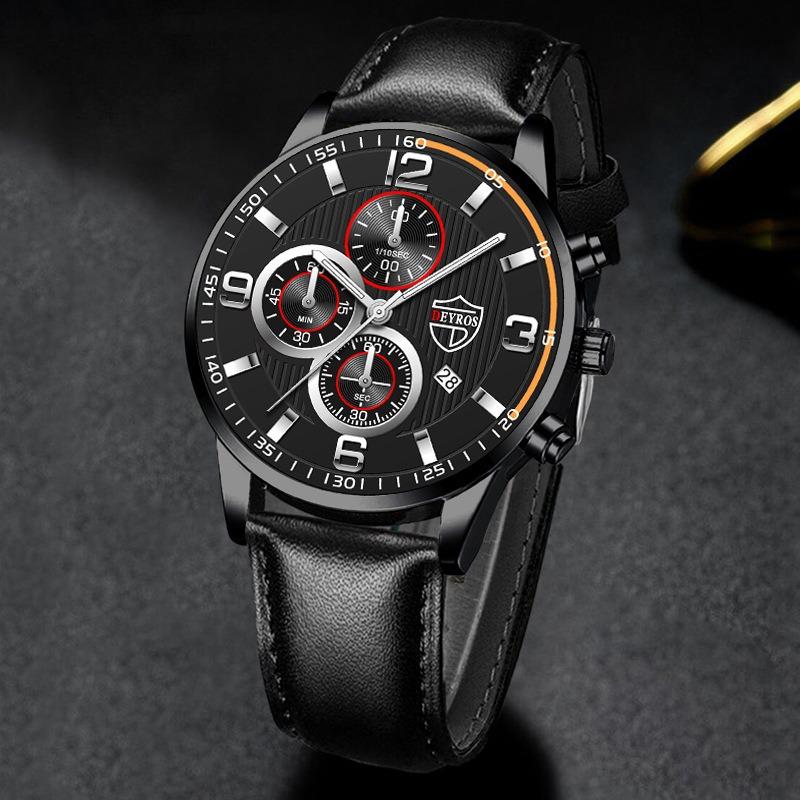2PCS/Set DEYROS Luxury Men's Watch Fashion Men's Leather Strap Calendar Watch Casual Men's Quartz Watch Father's Day Gift