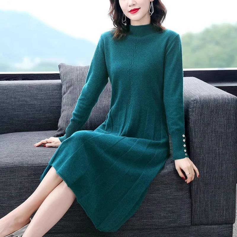 Autumn Winter Round Neck Elegant Knitting Robe Dress Women Solid Color Casual Fashion Bottomed Vestidos