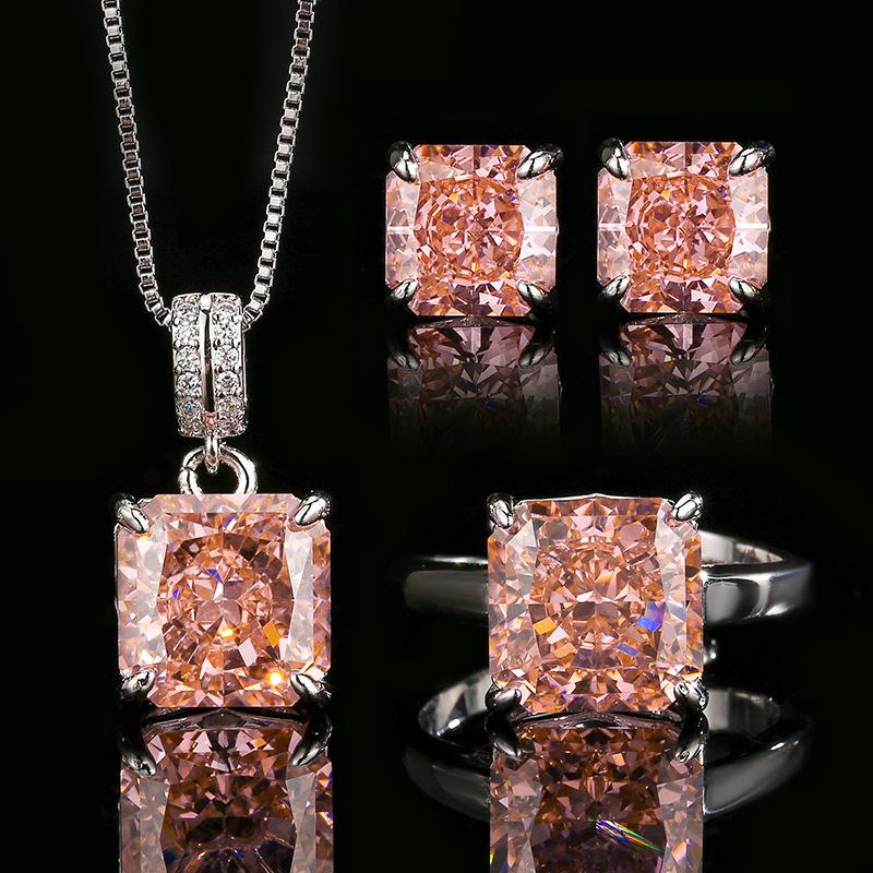 2025 Inlaid Diamond Jewelry Jewelry Set Earrings Ring Necklace Square Diamond Ice Flower Cutting Jewelry Fashion Light Luxury Women
