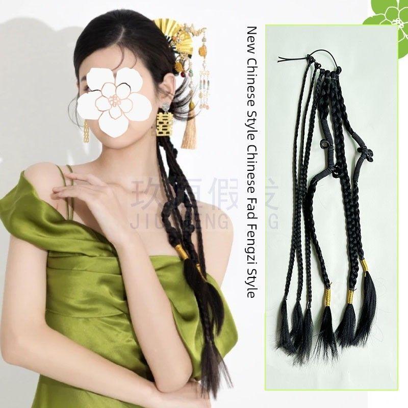 Wig New Chinese Style Female Ponytail Cable Stitch Long Braid New Chinese Twisted Gold Thread Braid Bridal Hairstyle Photography Dreadlocks