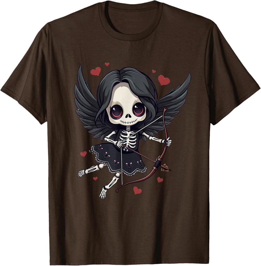 Gothic Skeleton Cupid Dark Valentine Kawaii Angel Graphic Tee Casual Cotton T-Shirt