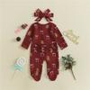 Newborn Baby Girl Christmas Oblique Zipper Romper Long Sleeve O Neck Print Jumpsuit with Headband
