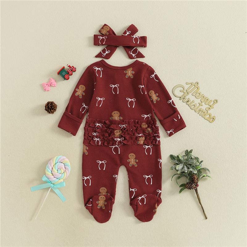 Newborn Baby Girl Christmas Oblique Zipper Romper Long Sleeve O Neck Print Jumpsuit with Headband