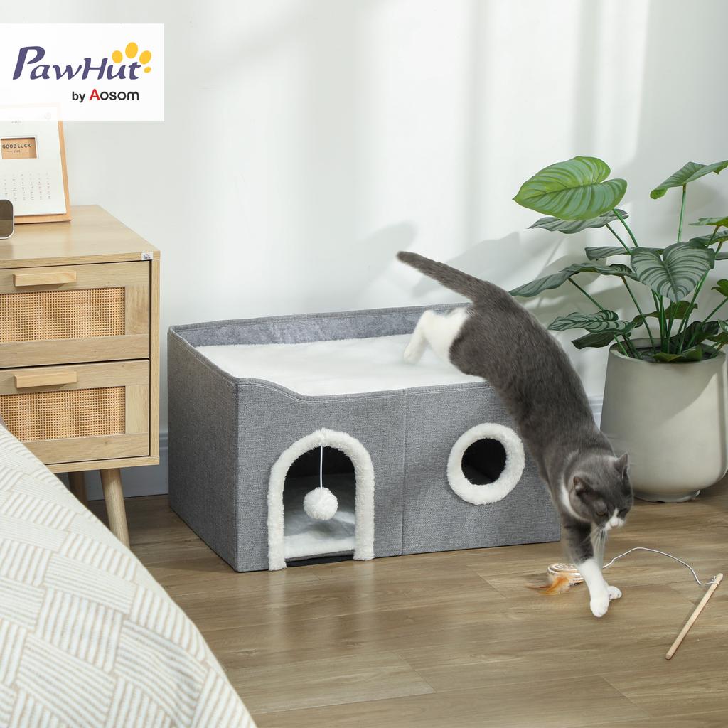 Cat Bed for Indoor Pets, Foldable Cat House with Fluffy Ball and Scratch Pad for Small and Medium Pets, Grey