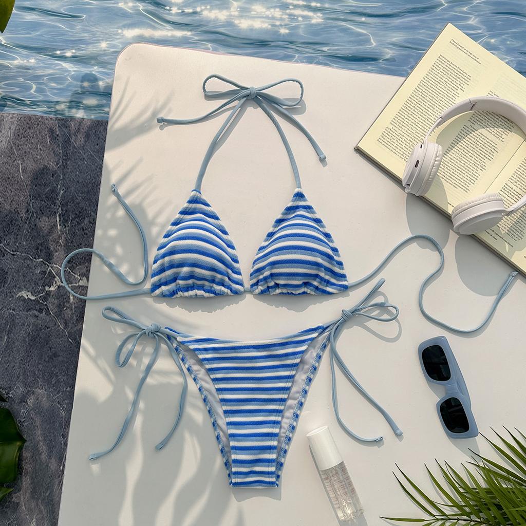 European and American New Striped Towel Cloth Small Fresh and Sexy Split Swimsuit Bikini