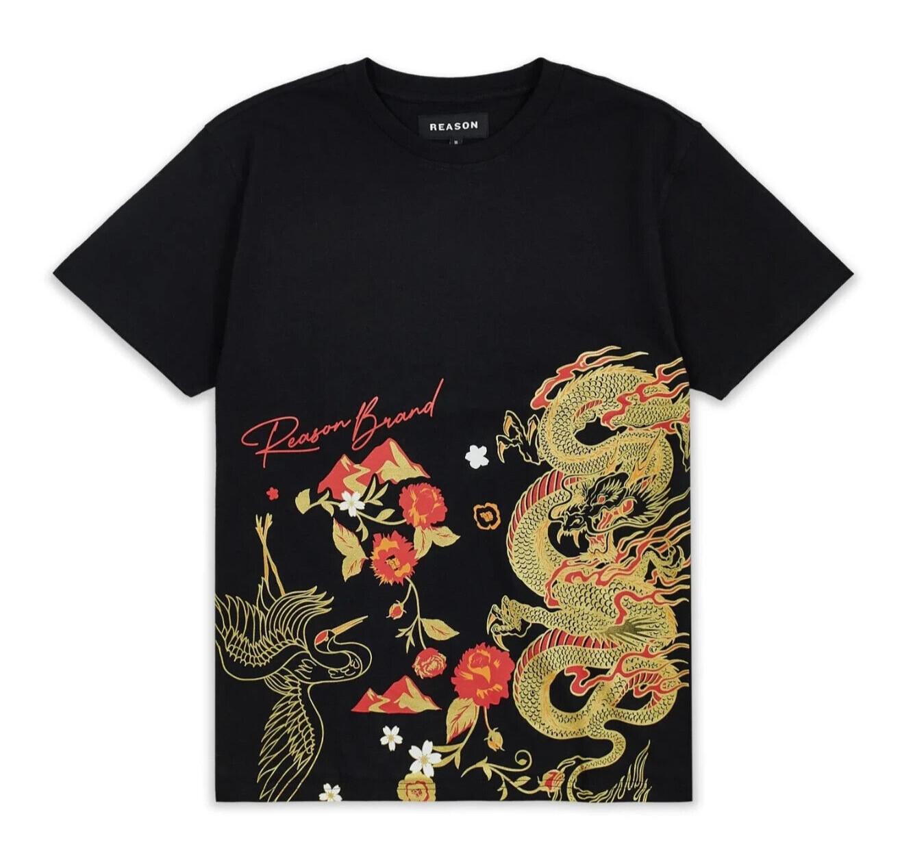 Reason Men’s Black Gold Red Osaka Japanese Dragon Tee T-shirt Size XL M