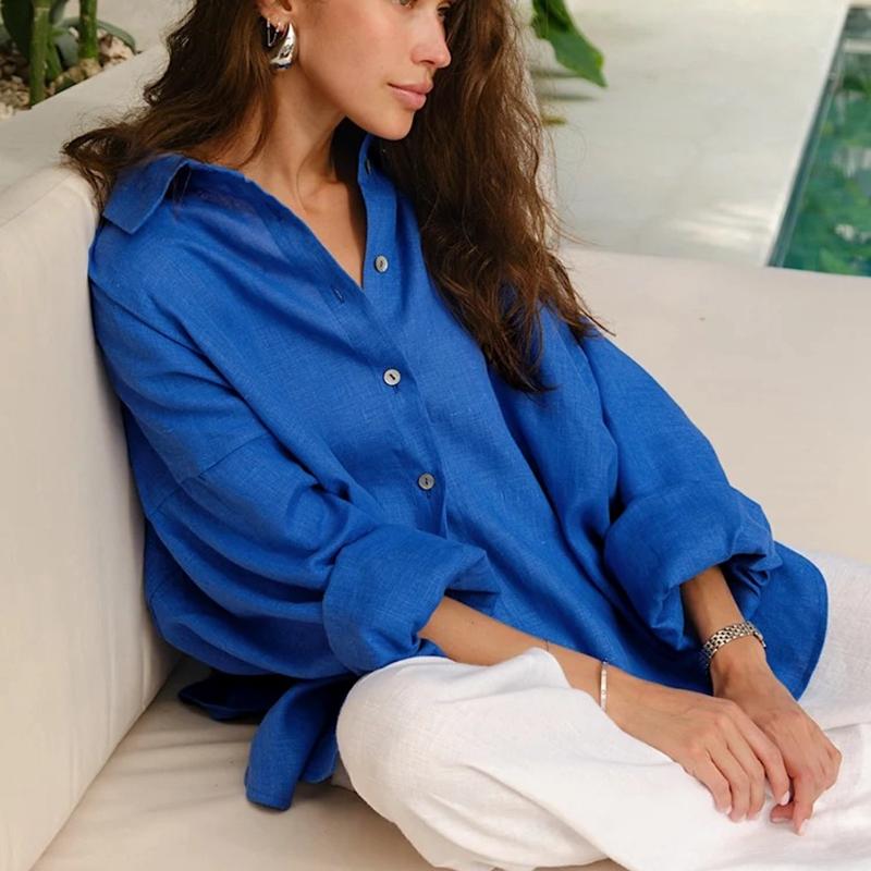 Women's Linen Shirt Long Sleeve Elegant Pink Oversize Blouse Vintage Basic Top Collar Cotton Linen Shirt for Women