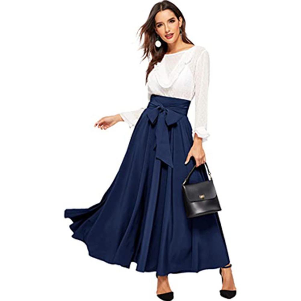 Women's High Waist Bow Tie Maxi Skirt Solid Color A Line Flowy Elegant Casual Work Party Skirts