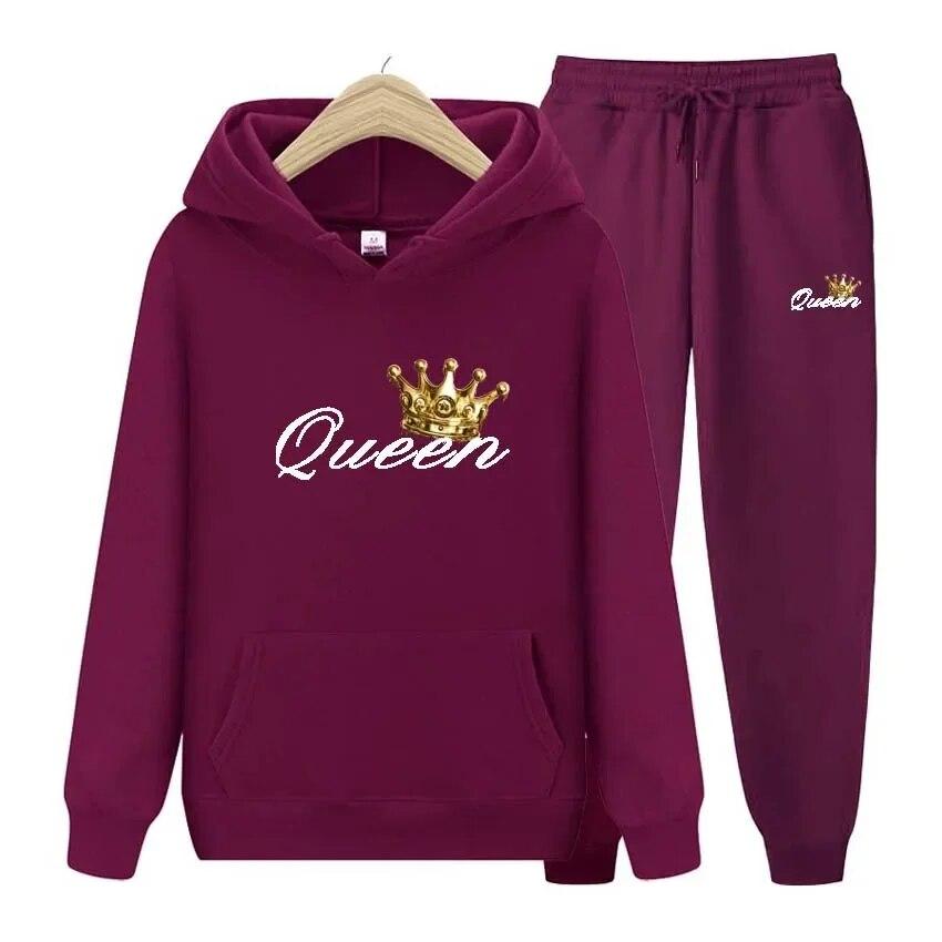 Queen Printing Autumn Winter Hoodies+Pants Two Piece Set  Womens Hoodies Tracksuits Jogger Pants thick Warm Clothes