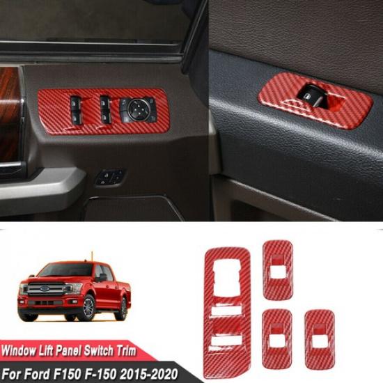 Window Lift Switch Button Panel Cover Trim Red Carbon Fiber For 15-20 Ford F150