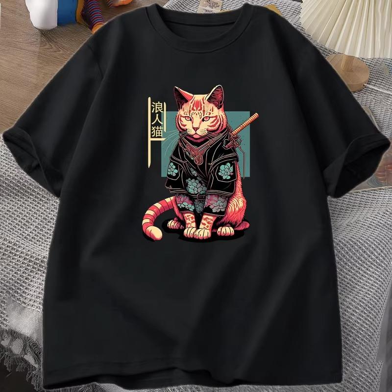 Japanese Samurai Cat Tattoo Graphic T Shirt Kawaii Ninja Cat TShirt Print Cotton Short Sleeve Tshirt Unisex Clothing Top Camisetas