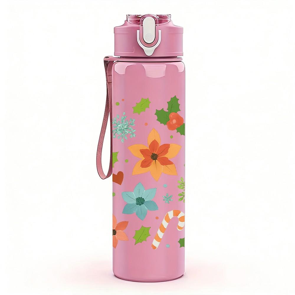 1PC Multicolor Floral Heart Print 750ml Color Plastic Sports Water Bottle Leakproof Flip Straw Lid Suitable for Sports Office Home Use