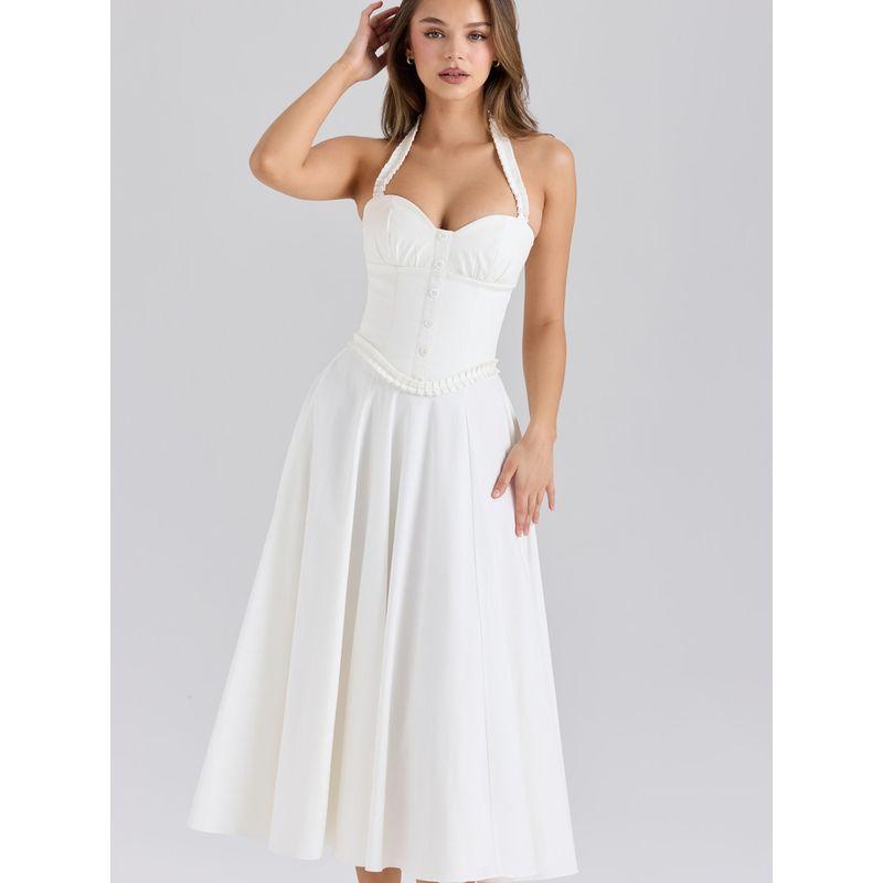 Sweet White Moonlight House Same Style French Style Sweet Romantic Lace Design Sense Elegant Hanging Neck Waist Hugging Dress