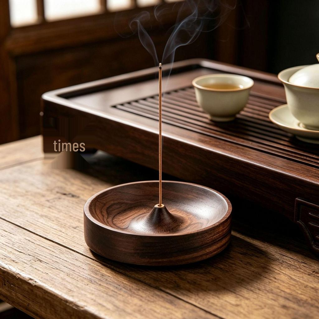 North American Black Walnut Round Incense Holder - Handmade Solid Wood Burner Base for Tea Ceremony & Agarwood.