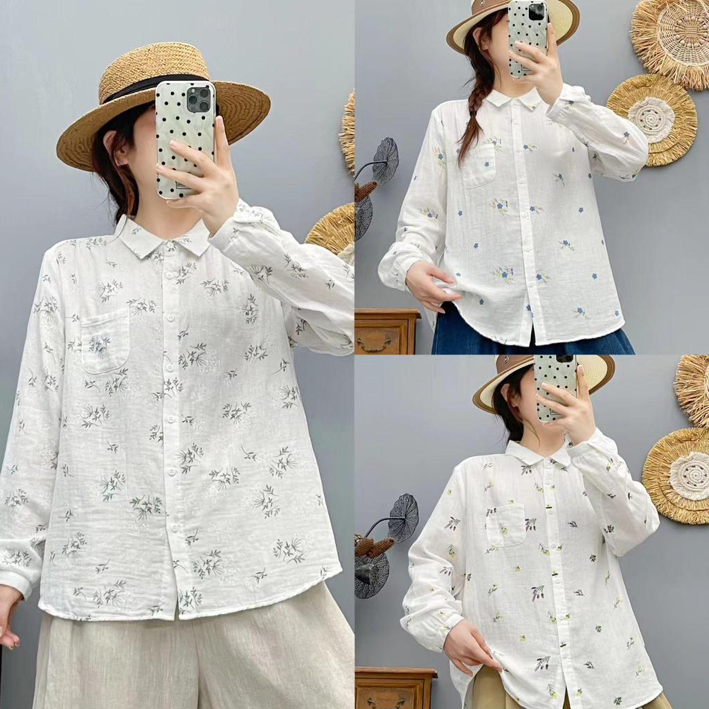 Women's Floral Print Double-Layer Cotton Gauze Long Sleeve Plus Size Shirt: Stylish, Age-Reducing, Loose Fit for Spring and Autumn